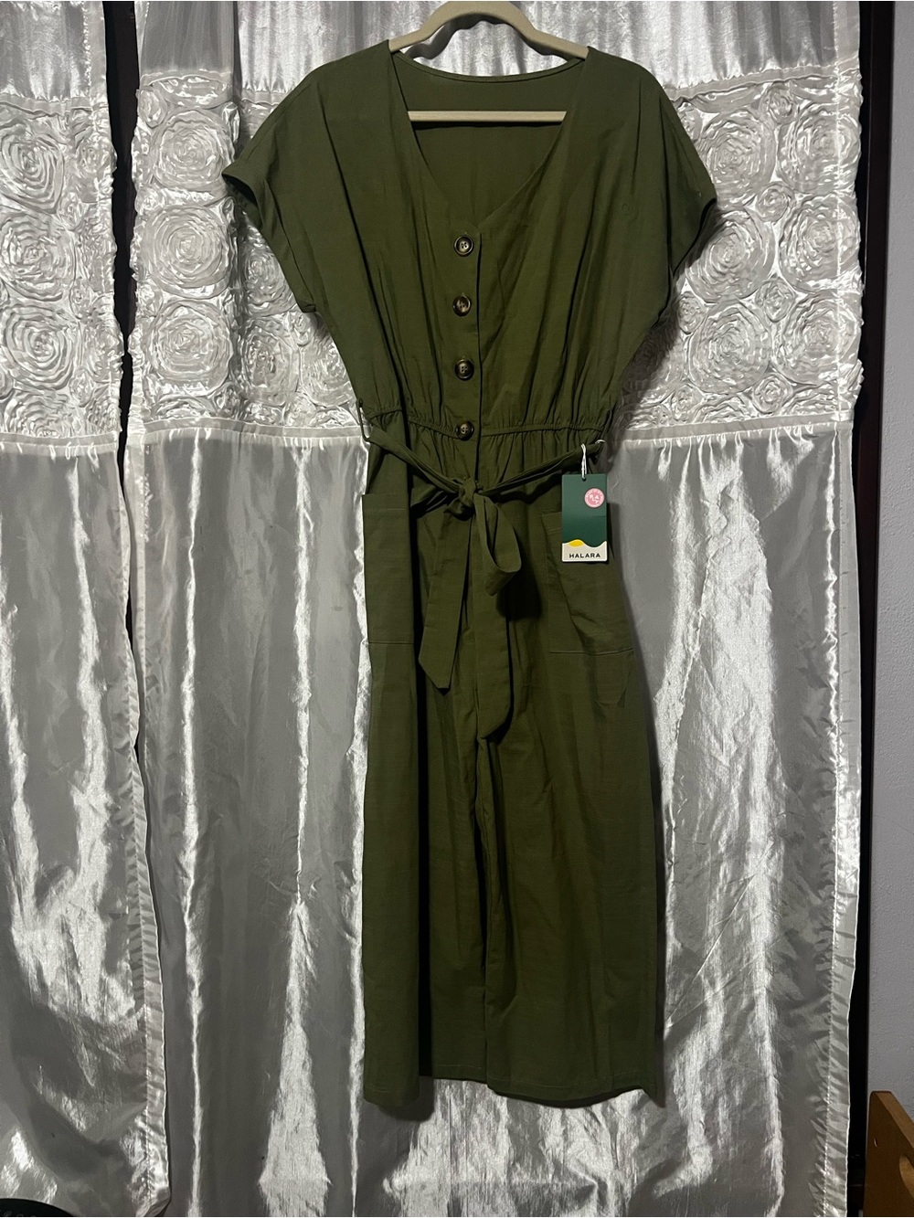 HALARA Olive Green Button-Front Jumpsuit with Waist Tie